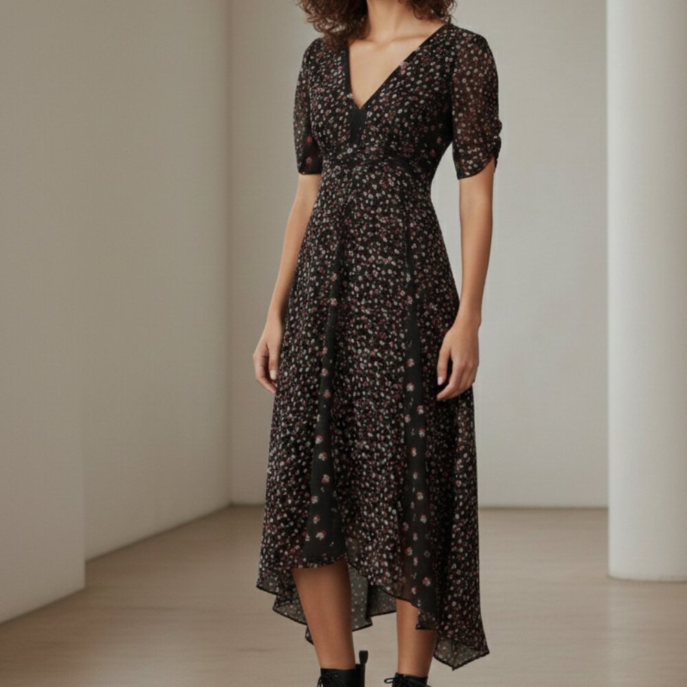 AllSaints Floral Midi Dress Black V-Neck Short Sleeve Size US 4